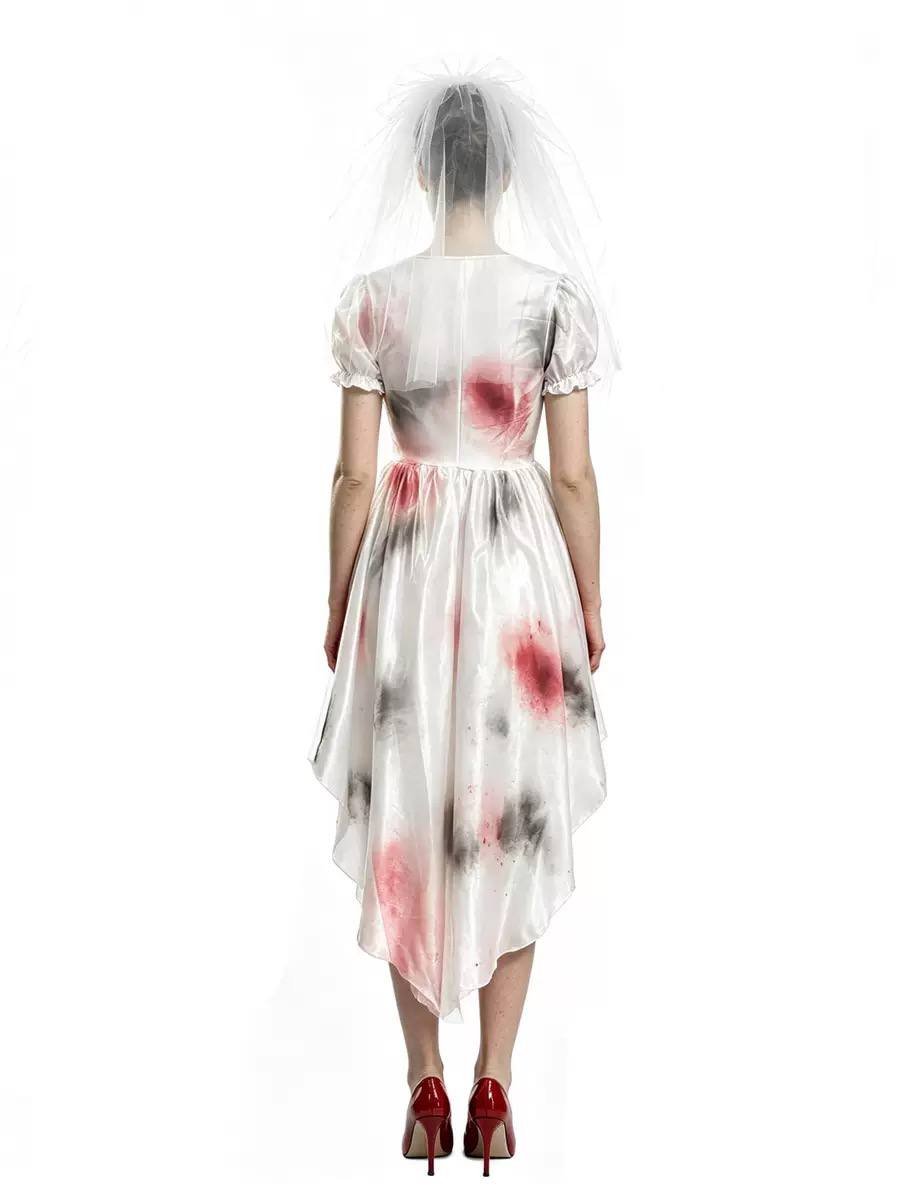 Women's High-Low Zombie Bride Costume Dress with Veil - White/Red