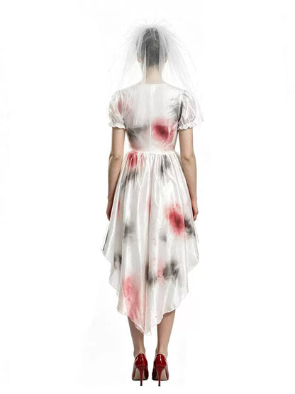 Women's High-Low Zombie Bride Costume Dress with Veil - White/Red
