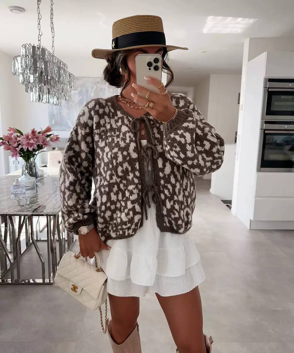 Tie-Neck Animal-Print Ruffle Blouse - Brown Leopard