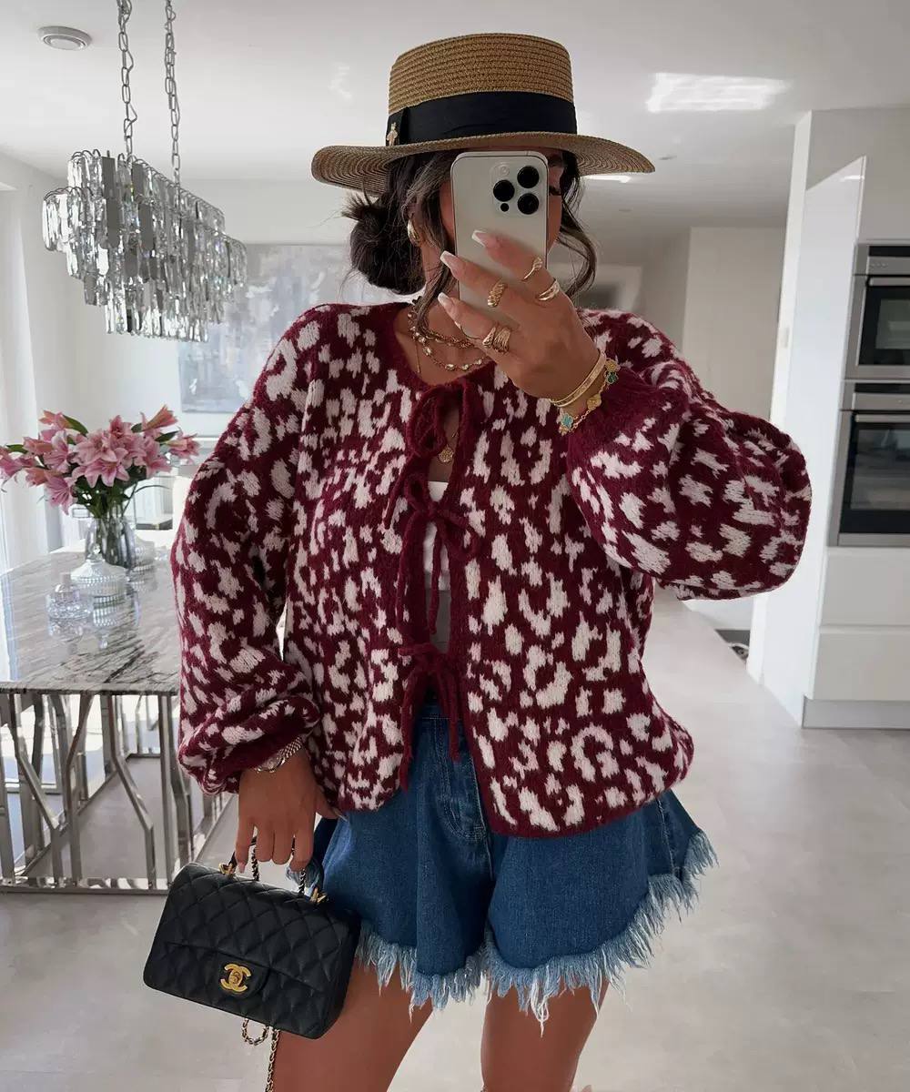 Tie-Neck Animal-Print Ruffle Blouse - Burgundy Leopard