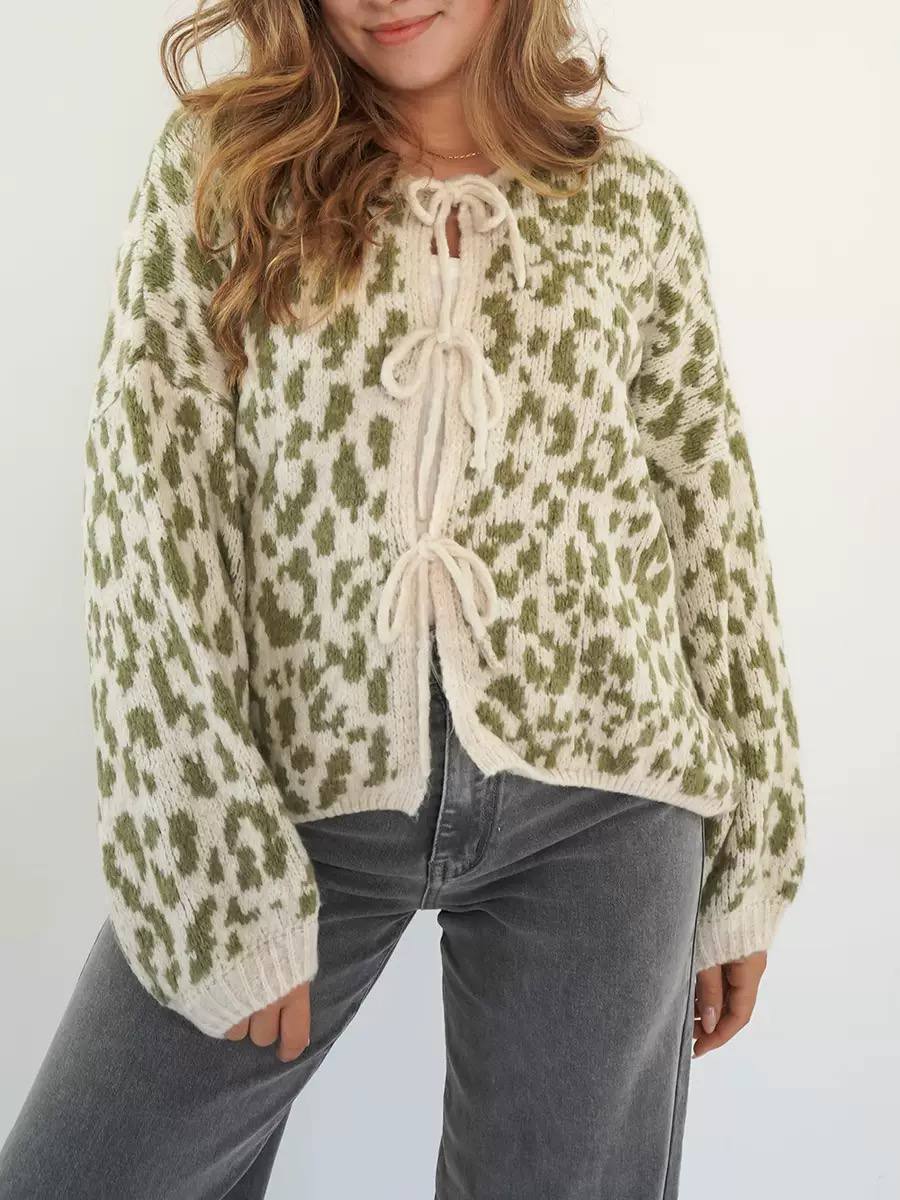 Tie-Neck Animal-Print Ruffle Blouse - Green Leopard
