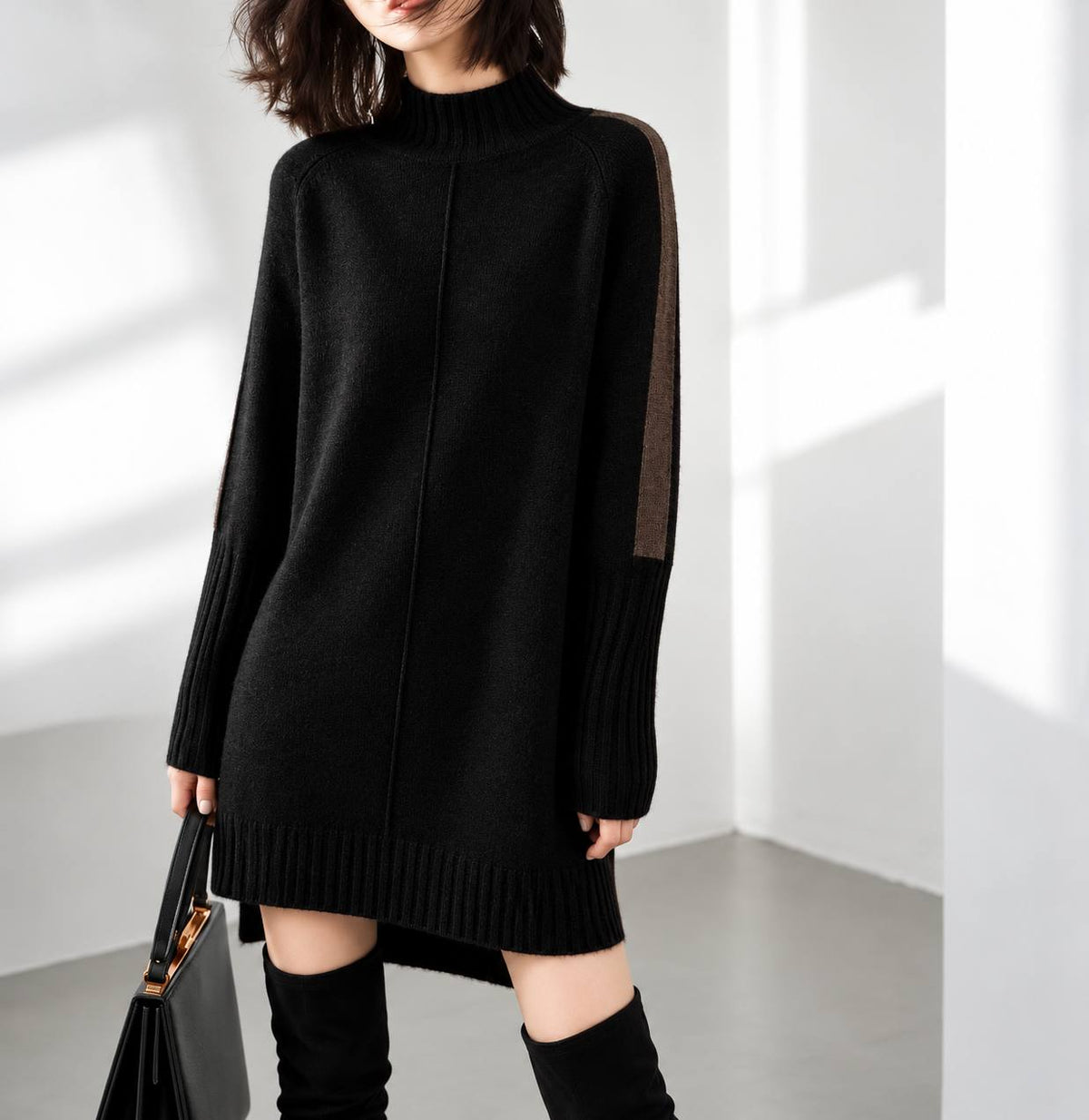 Relaxed Roll-Neck Knit Mini Dress - Black