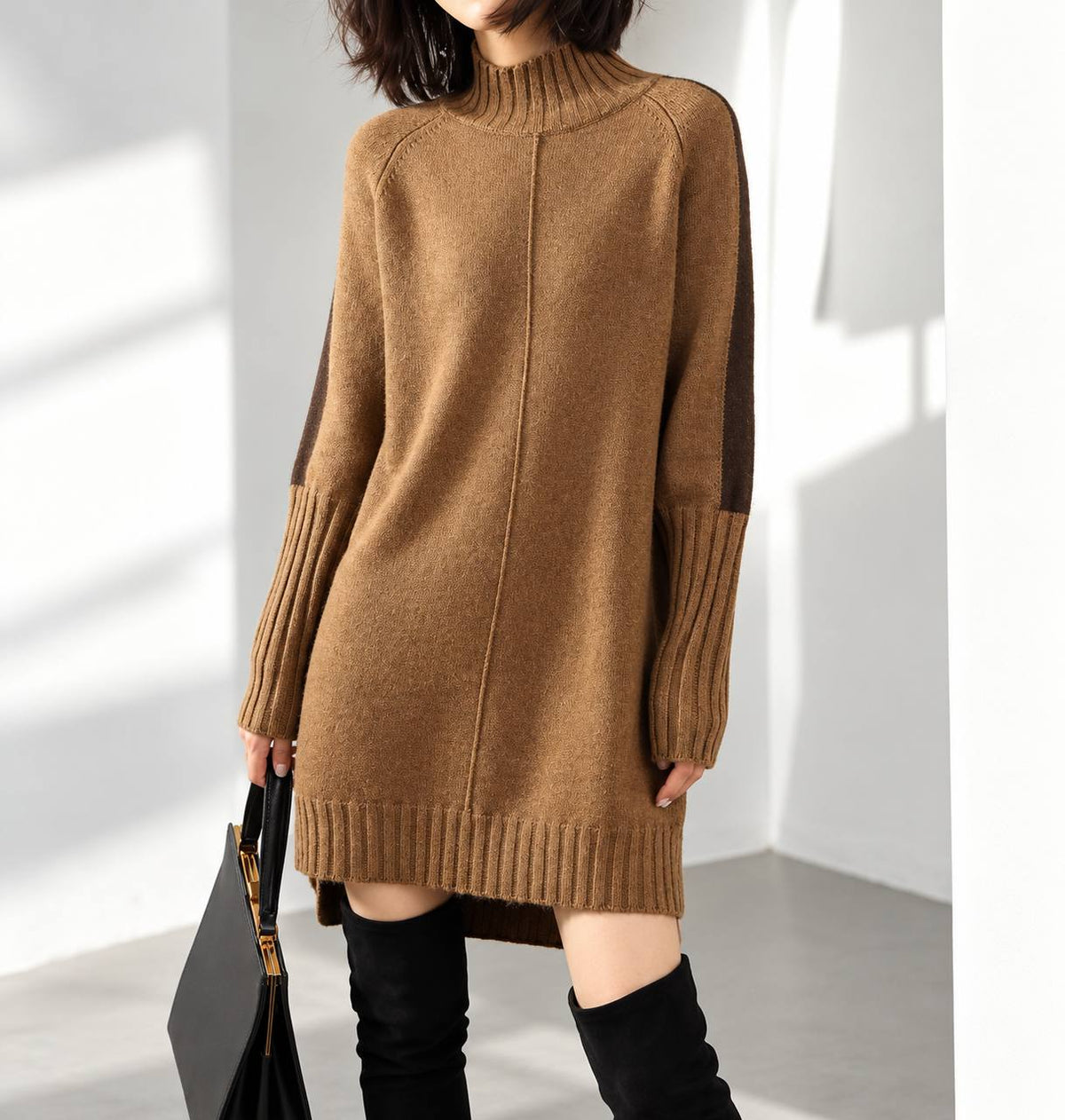 Relaxed Roll-Neck Knit Mini Dress - Camel