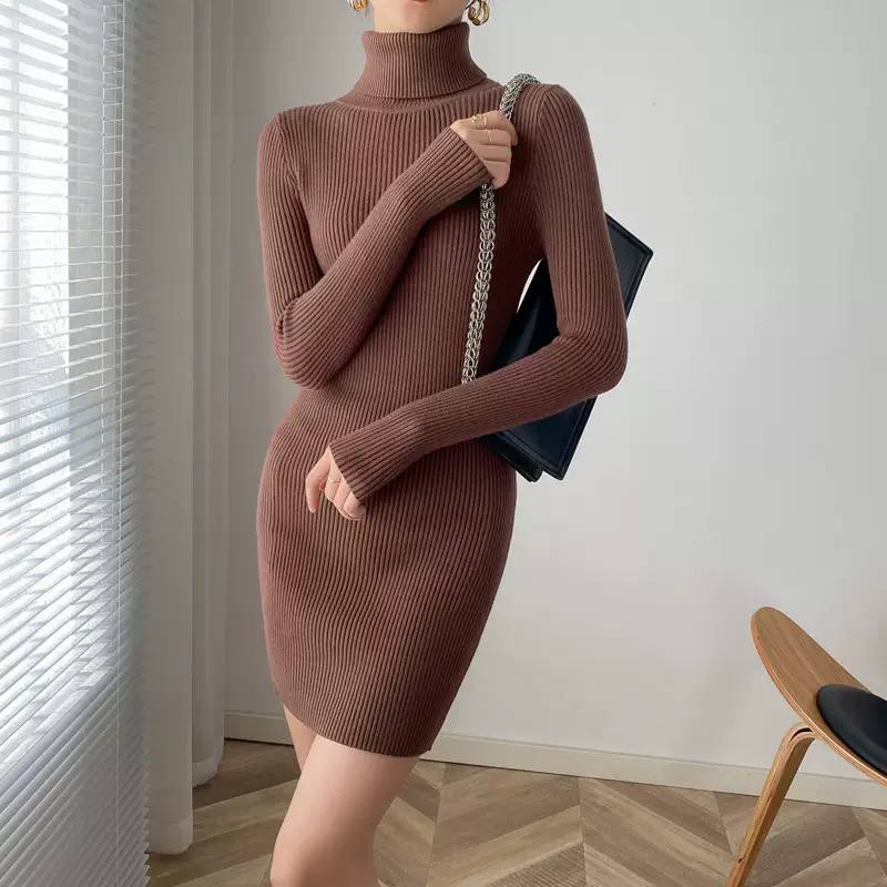 Ribbed Roll-Neck Long-Sleeve Mini Dress - Brown