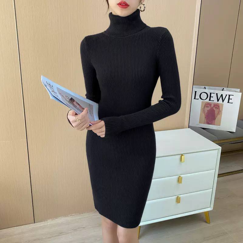 Ribbed Roll-Neck Long-Sleeve Mini Dress - Black