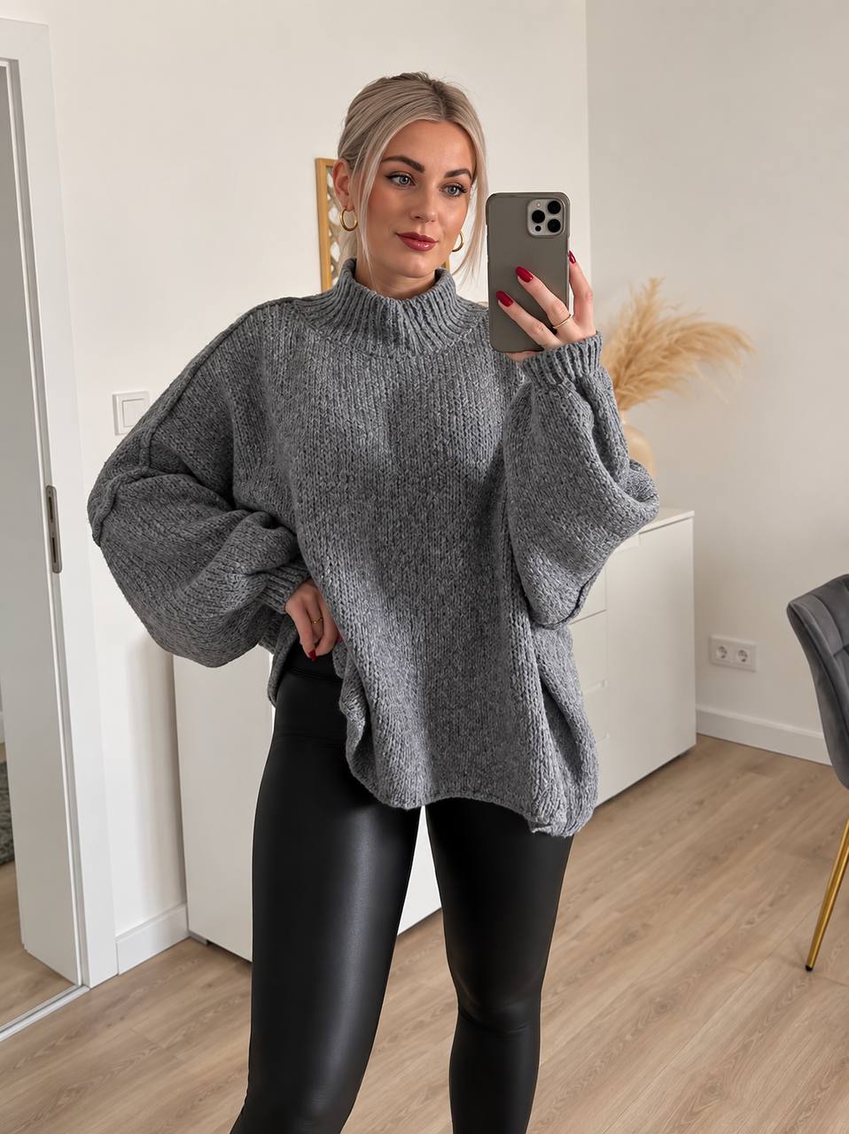 Oversized High-Neck Balloon-Sleeve Knit Jumper
