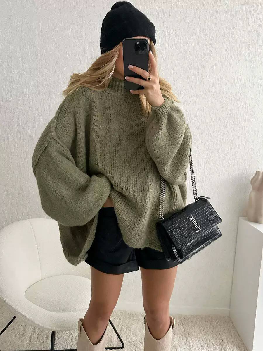 Oversized High-Neck Balloon-Sleeve Knit Jumper