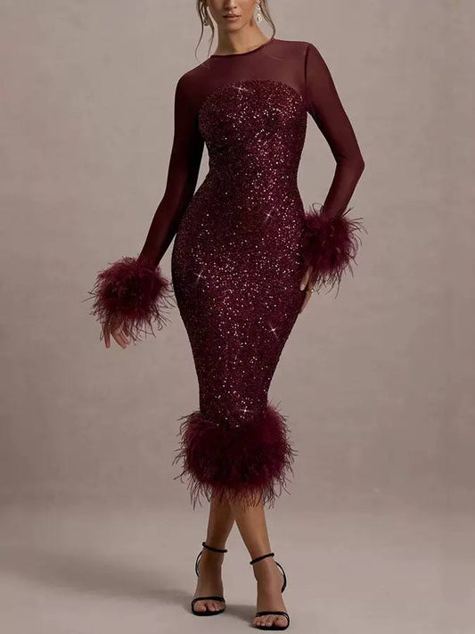 Feather-Trim Sequin Midi Dress - Burgundy