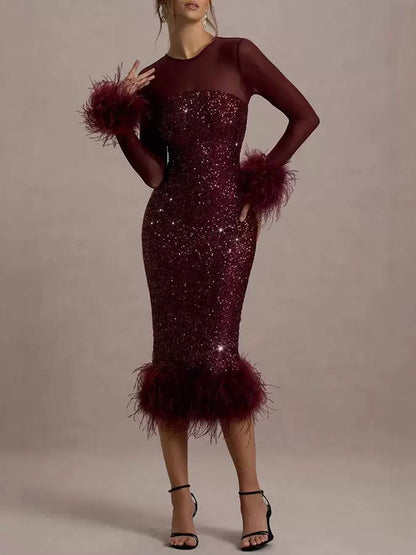 Feather-Trim Sequin Midi Dress - Burgundy