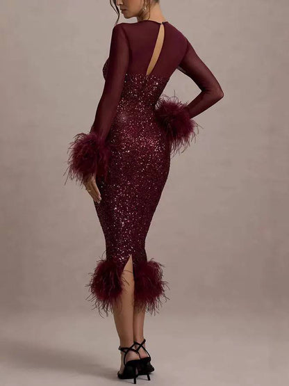 Feather-Trim Sequin Midi Dress - Burgundy