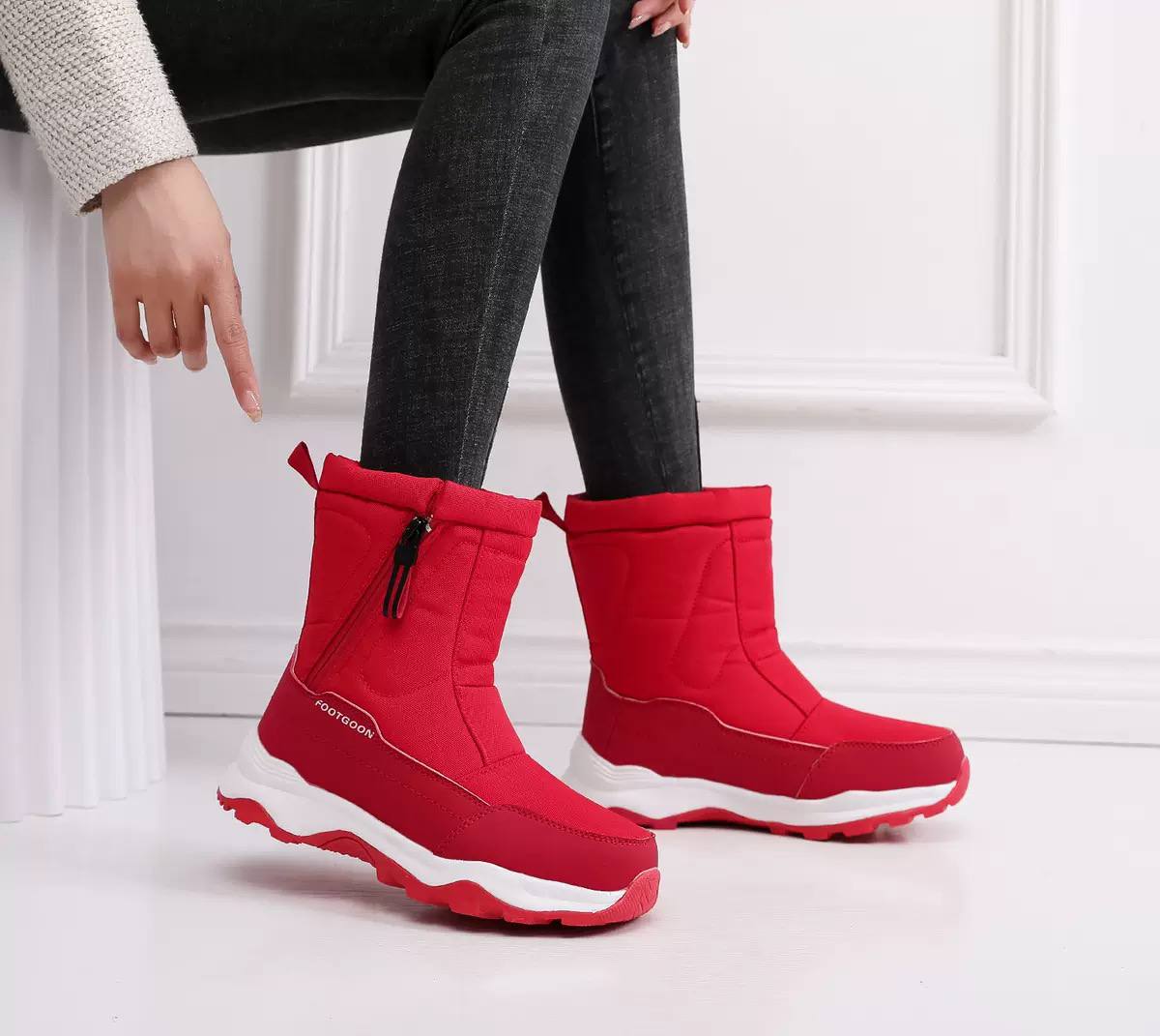 Padded Drawstring Winter Snow Boots - Red