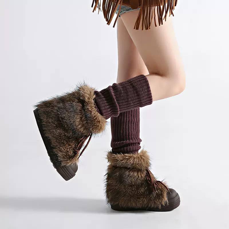 Faux-Fur Lace-Up Platform Ankle Boots - Brown