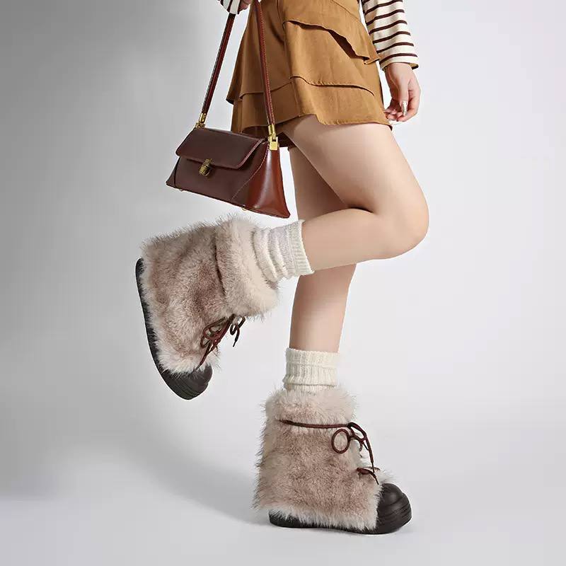 Faux-Fur Lace-Up Platform Ankle Boots - Beige