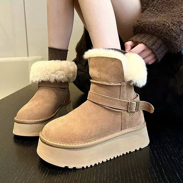 Shearling-Trim Platform Strap Ankle Boots - Camel