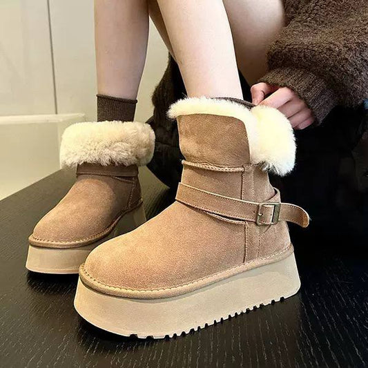 Shearling-Trim Platform Strap Ankle Boots - Camel