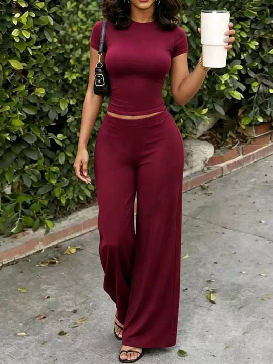 Cropped Top and Wide-Leg Trouser Set - Burgundy