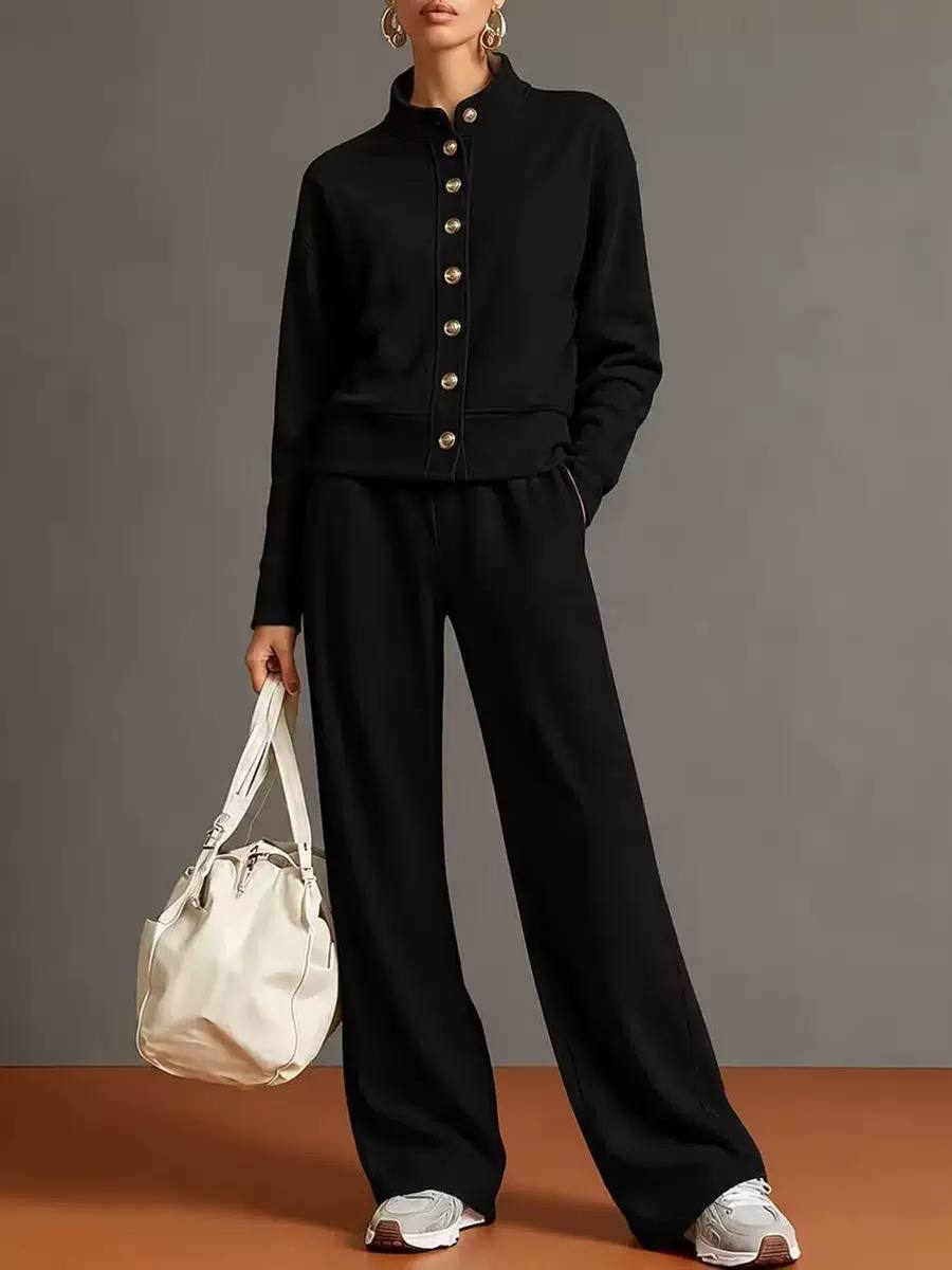 Buttoned Jacket and Wide-Leg Trouser Set - Black