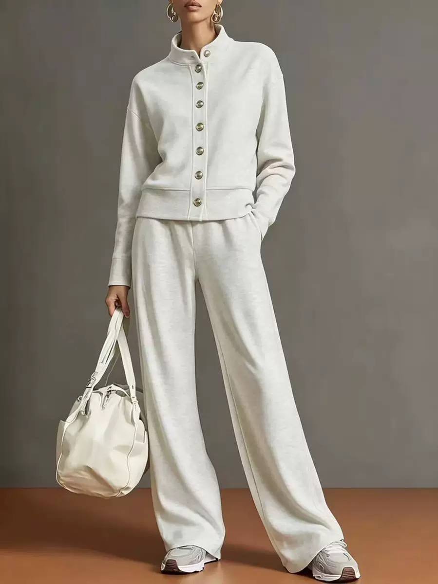 Buttoned Jacket and Wide-Leg Trouser Set - White