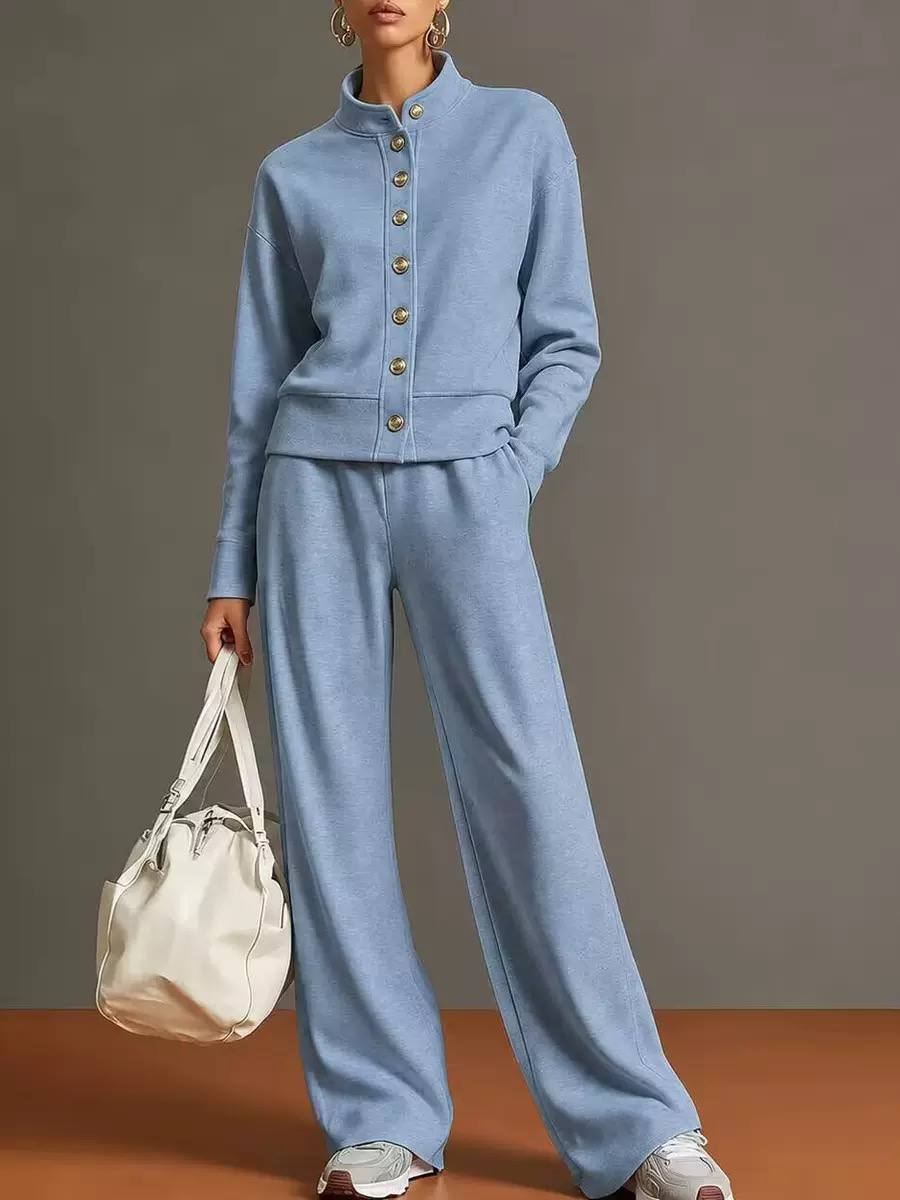 Buttoned Jacket and Wide-Leg Trouser Set - Light Blue