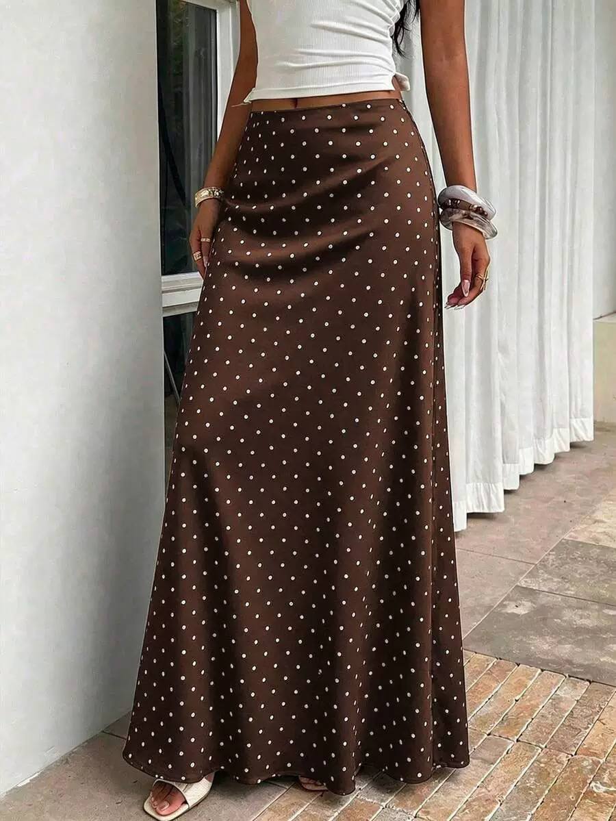 Polka-Dot Satin Maxi Skirt - Brown