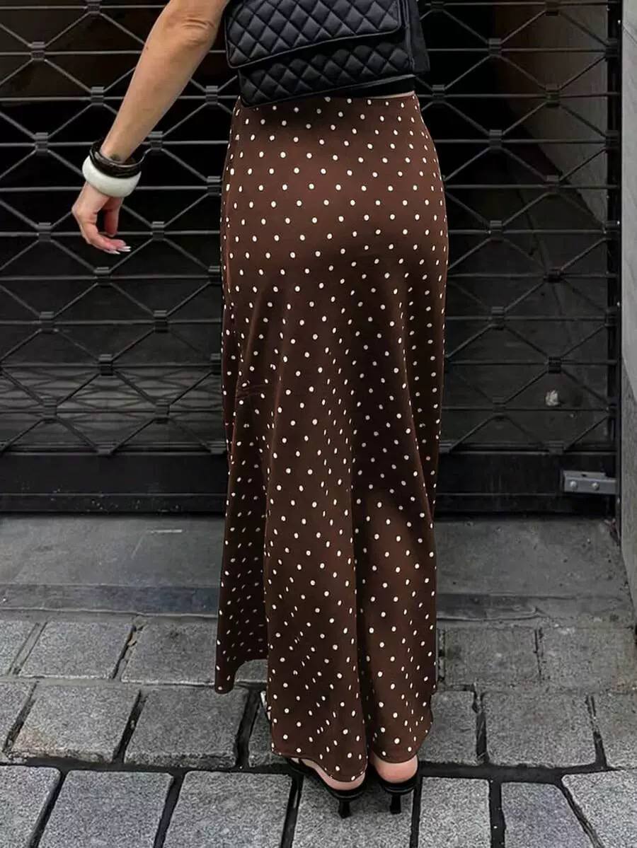 Polka-Dot Satin Maxi Skirt - Brown
