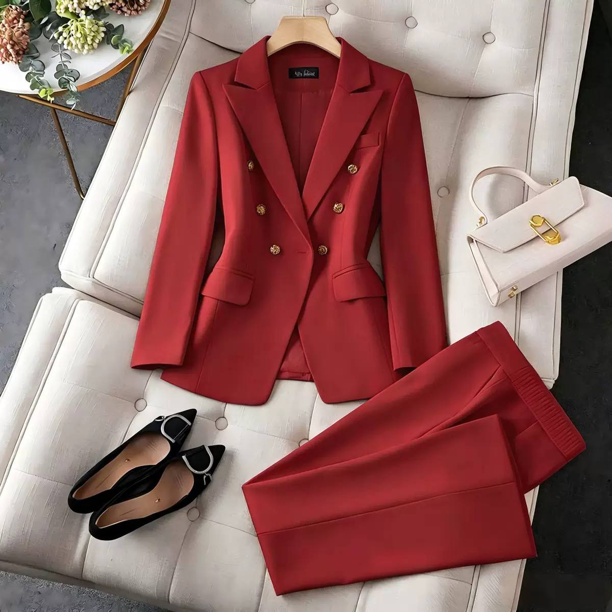 Double-Breasted Blazer and Wide-Leg Trouser Set - Burgundy