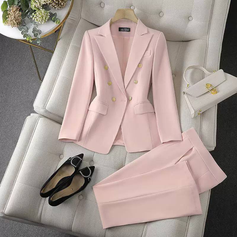 Double-Breasted Blazer and Wide-Leg Trouser Set - Light Pink