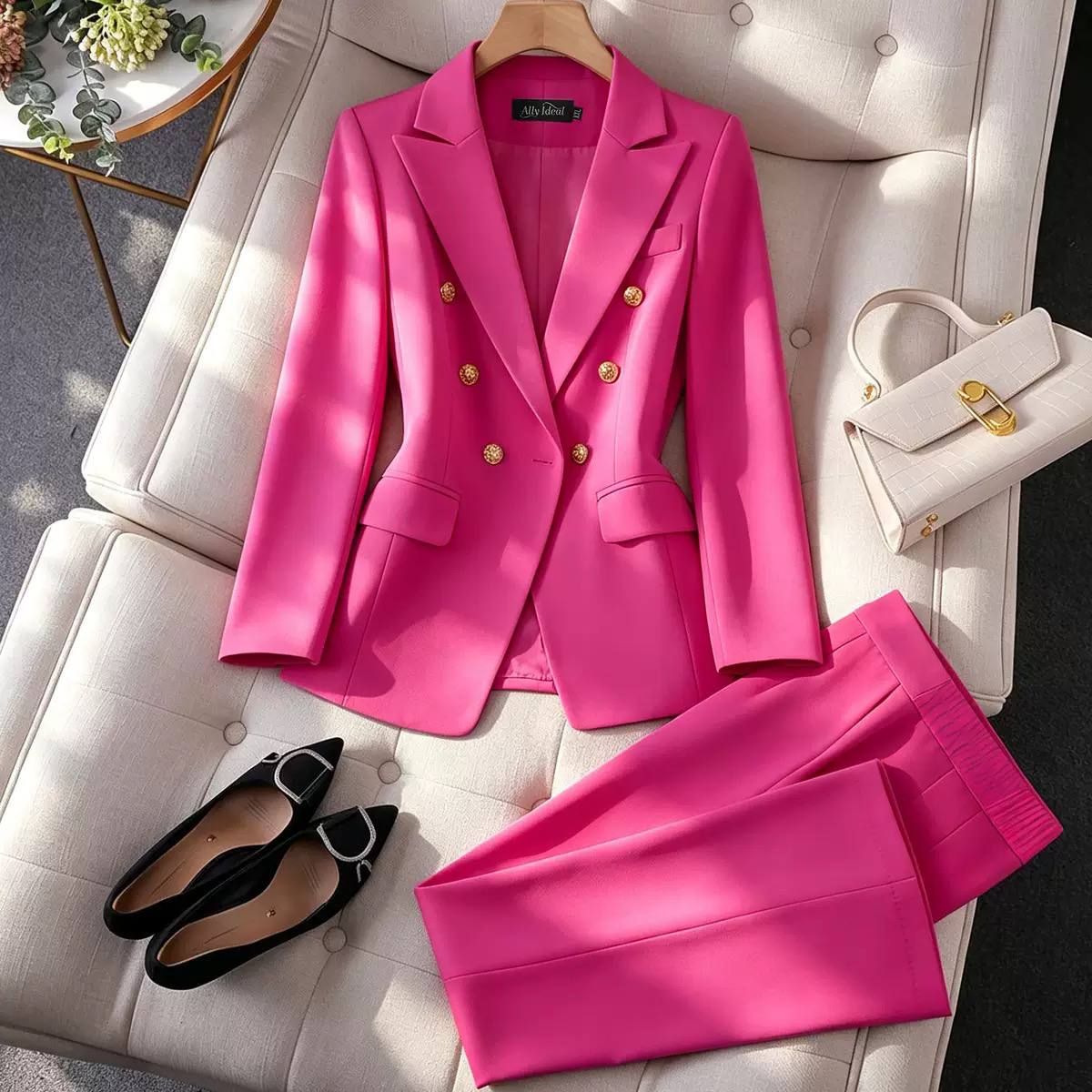 Double-Breasted Blazer and Wide-Leg Trouser Set - Hot Pink