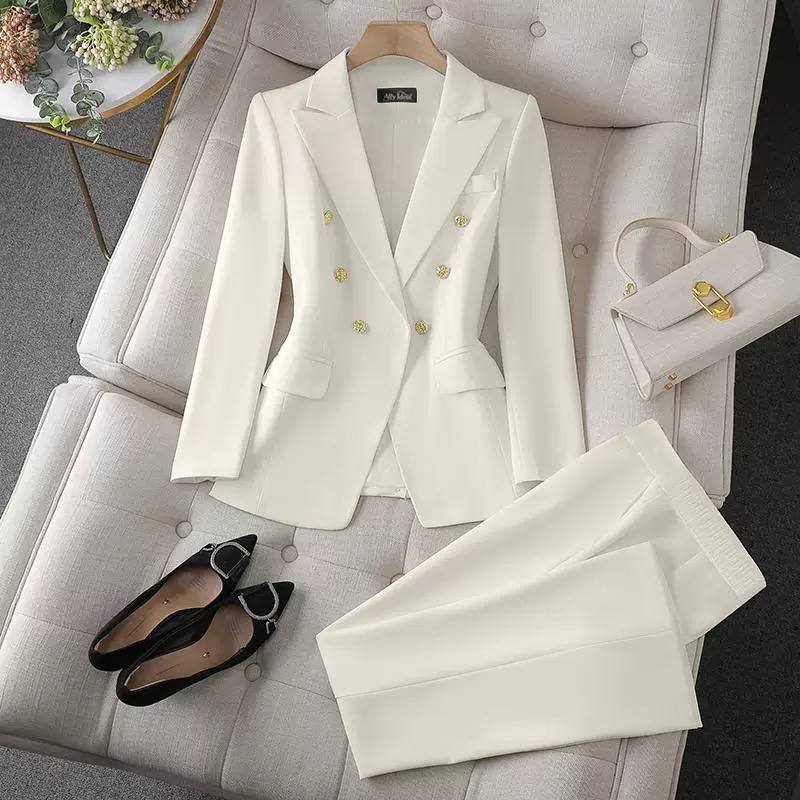 Double-Breasted Blazer and Wide-Leg Trouser Set - White
