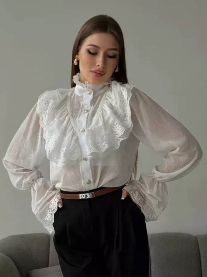 Sheer Lace Ruffle High-Neck Blouse - White