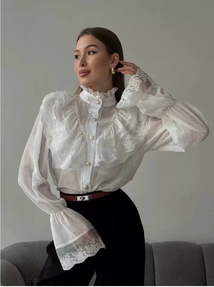 Sheer Lace Ruffle High-Neck Blouse - White