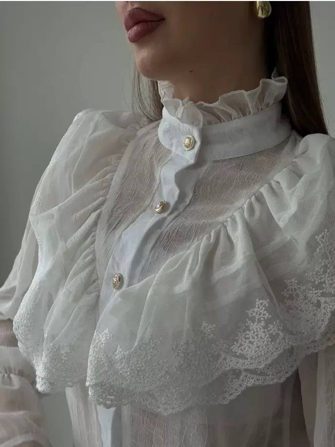 Sheer Lace Ruffle High-Neck Blouse - White