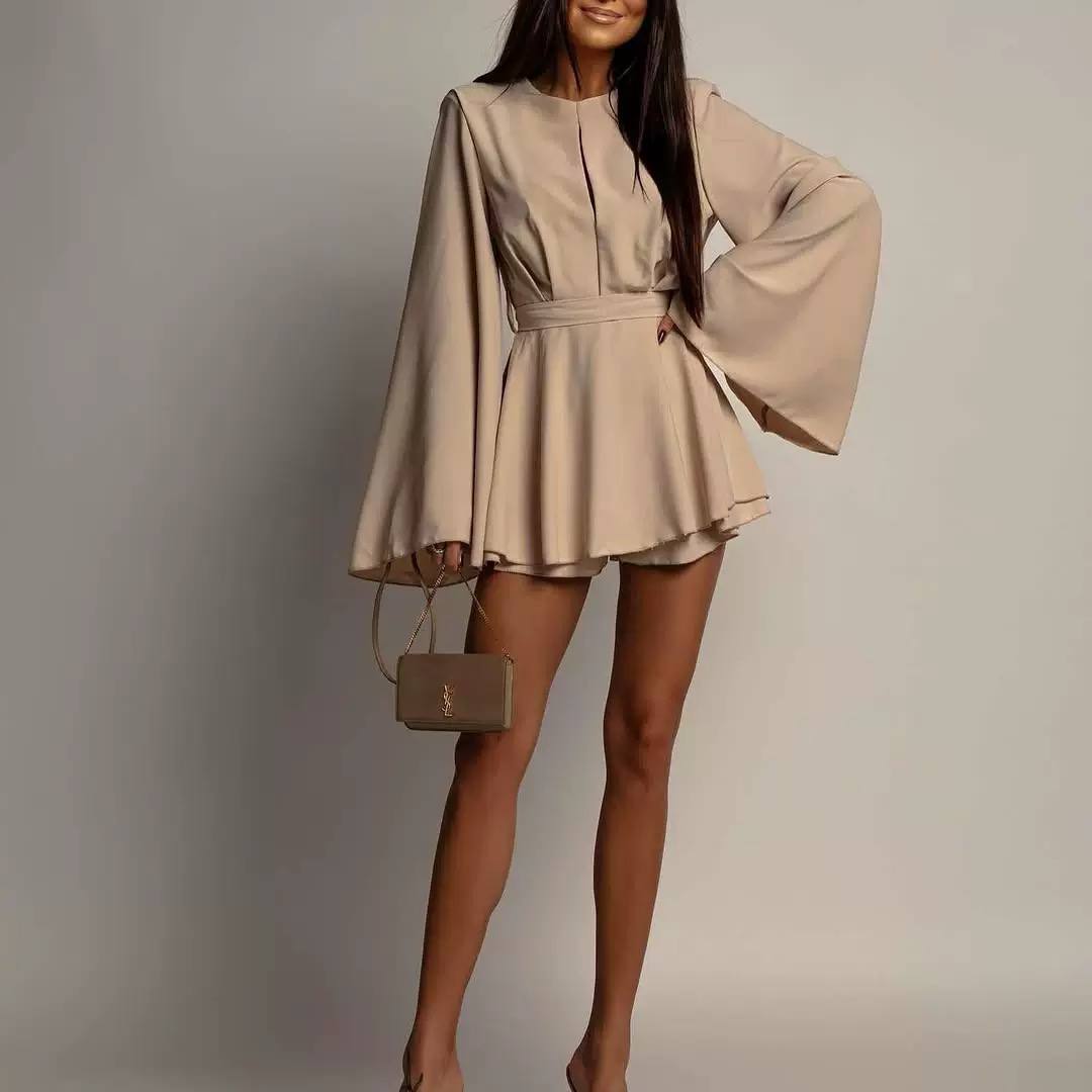 Belted Wide-Sleeve Tailored Playsuit - Beige