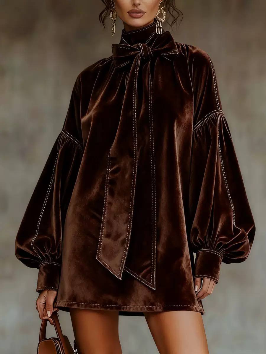 Oversized Velvet Bow-Neck Mini Dress - Brown