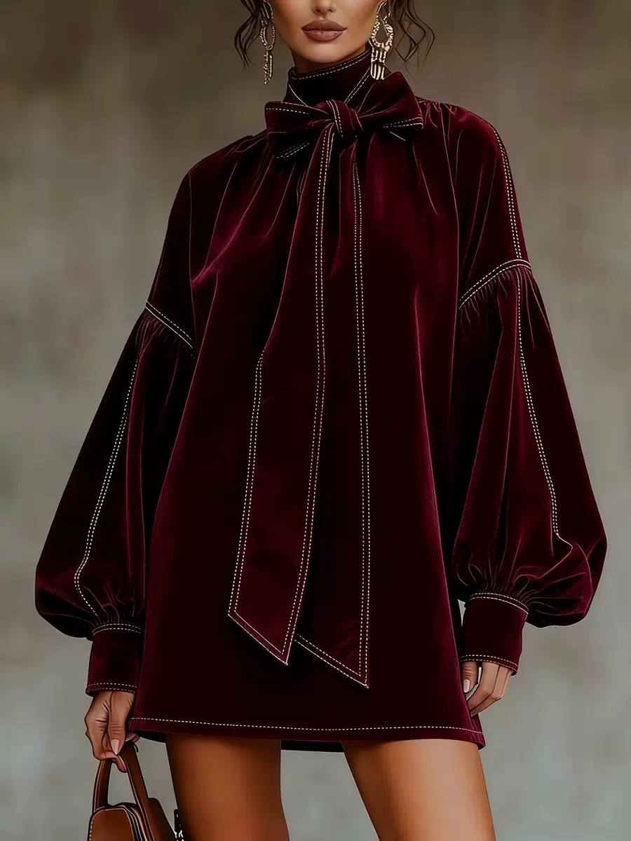 Oversized Velvet Bow-Neck Mini Dress - Burgundy