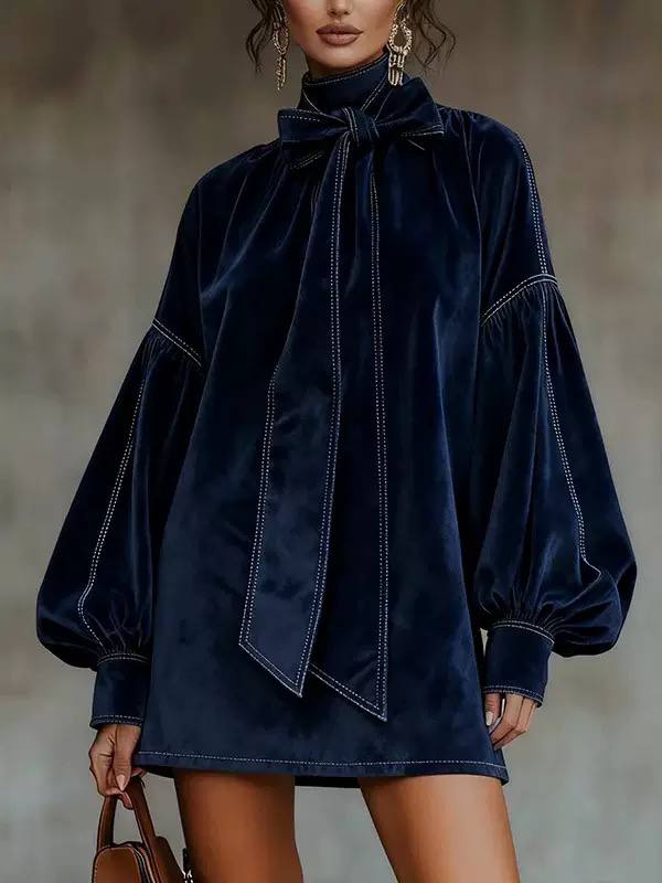 Oversized Velvet Bow-Neck Mini Dress - Navy