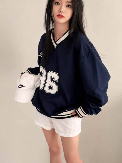 Oversized Varsity V-Neck Graphic Sweatshirt - Navy