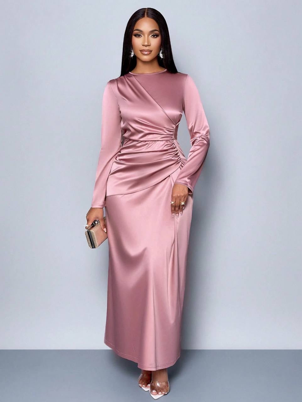 Long Sleeve Maxi Dress With Ruched Waist – Pink