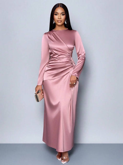 Long Sleeve Maxi Dress With Ruched Waist – Pink