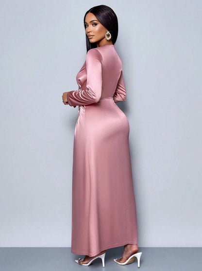 Long Sleeve Maxi Dress With Ruched Waist – Pink