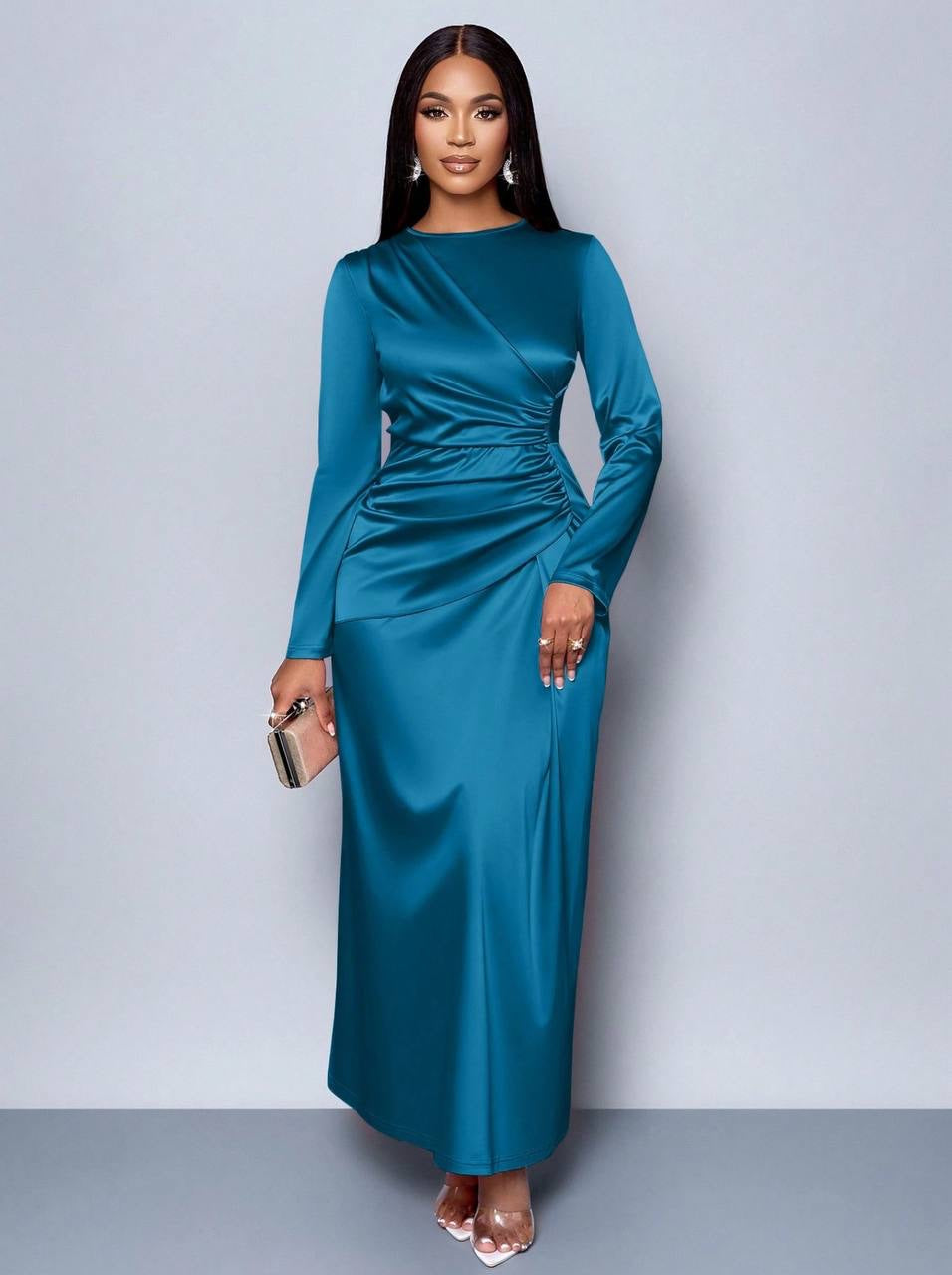 Long Sleeve Maxi Dress With Ruched Waist – Teal