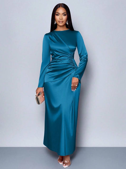 Long Sleeve Maxi Dress With Ruched Waist – Teal