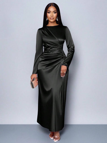 Long Sleeve Maxi Dress With Ruched Waist – Black