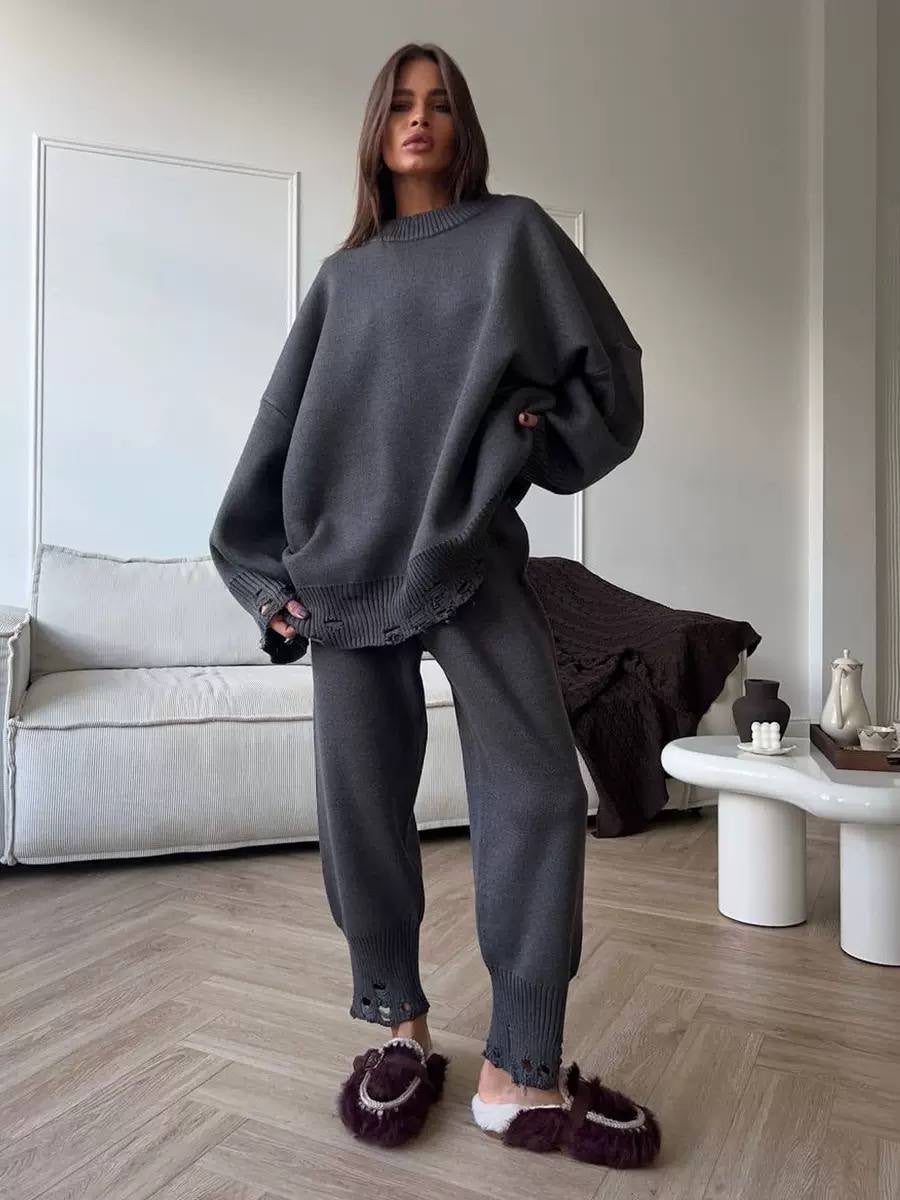 Oversized Jumper And Trouser Set With Distressed Trims – Charcoal