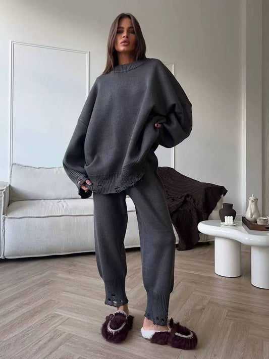 Oversized Jumper And Trouser Set With Distressed Trims – Charcoal