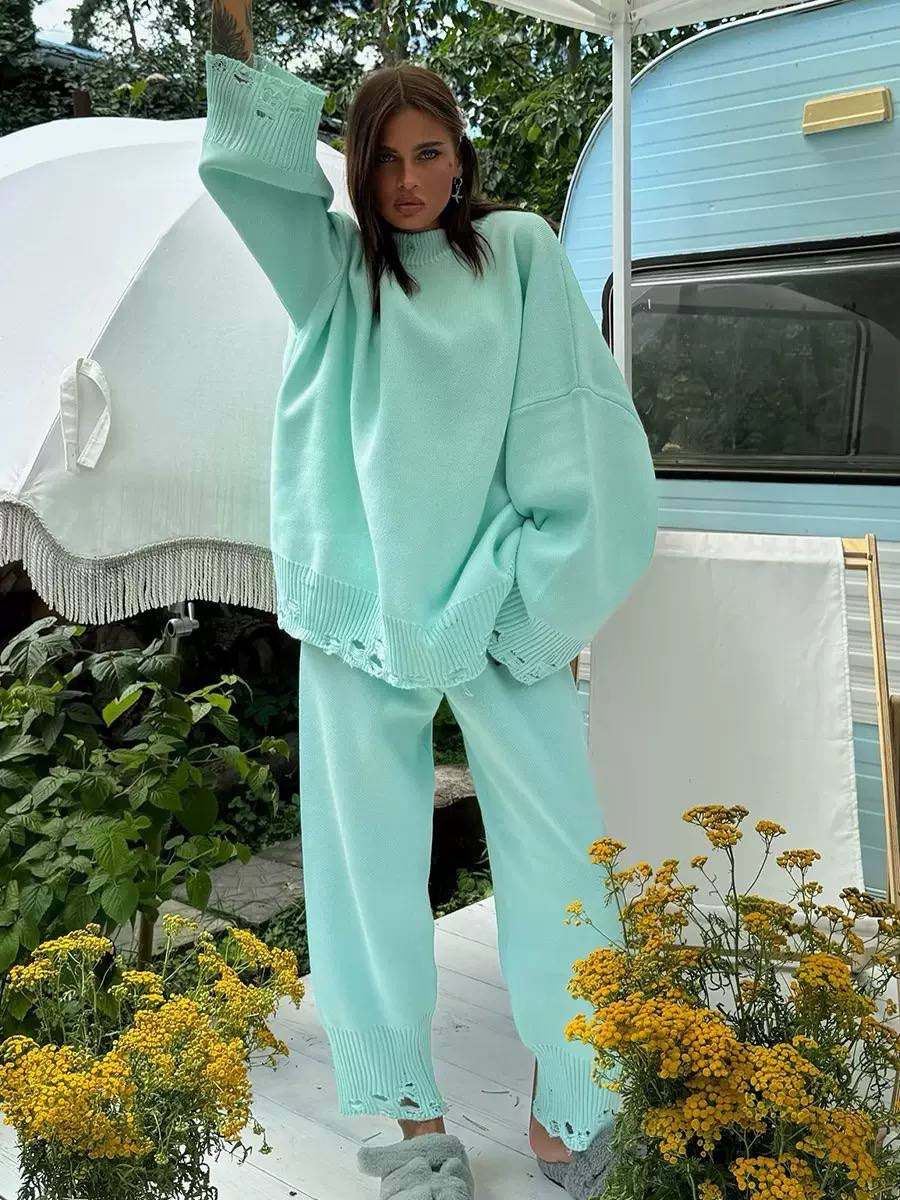Oversized Jumper And Trouser Set With Distressed Trims – Mint Green