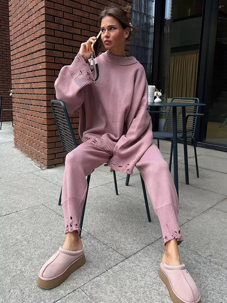 Oversized Jumper And Trouser Set With Distressed Trims – Pink