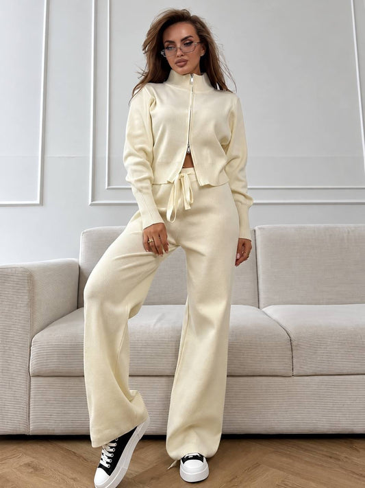 Zip-Through High Neck Cardigan And Wide-Leg Trouser Set – Cream