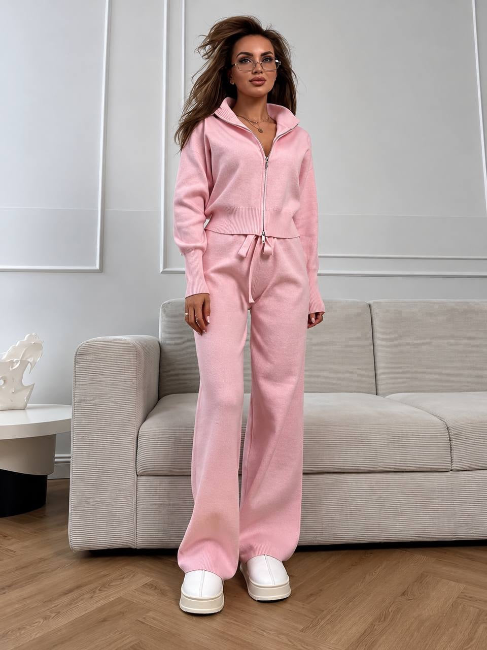 Zip-Through High Neck Cardigan And Wide-Leg Trouser Set – Pink