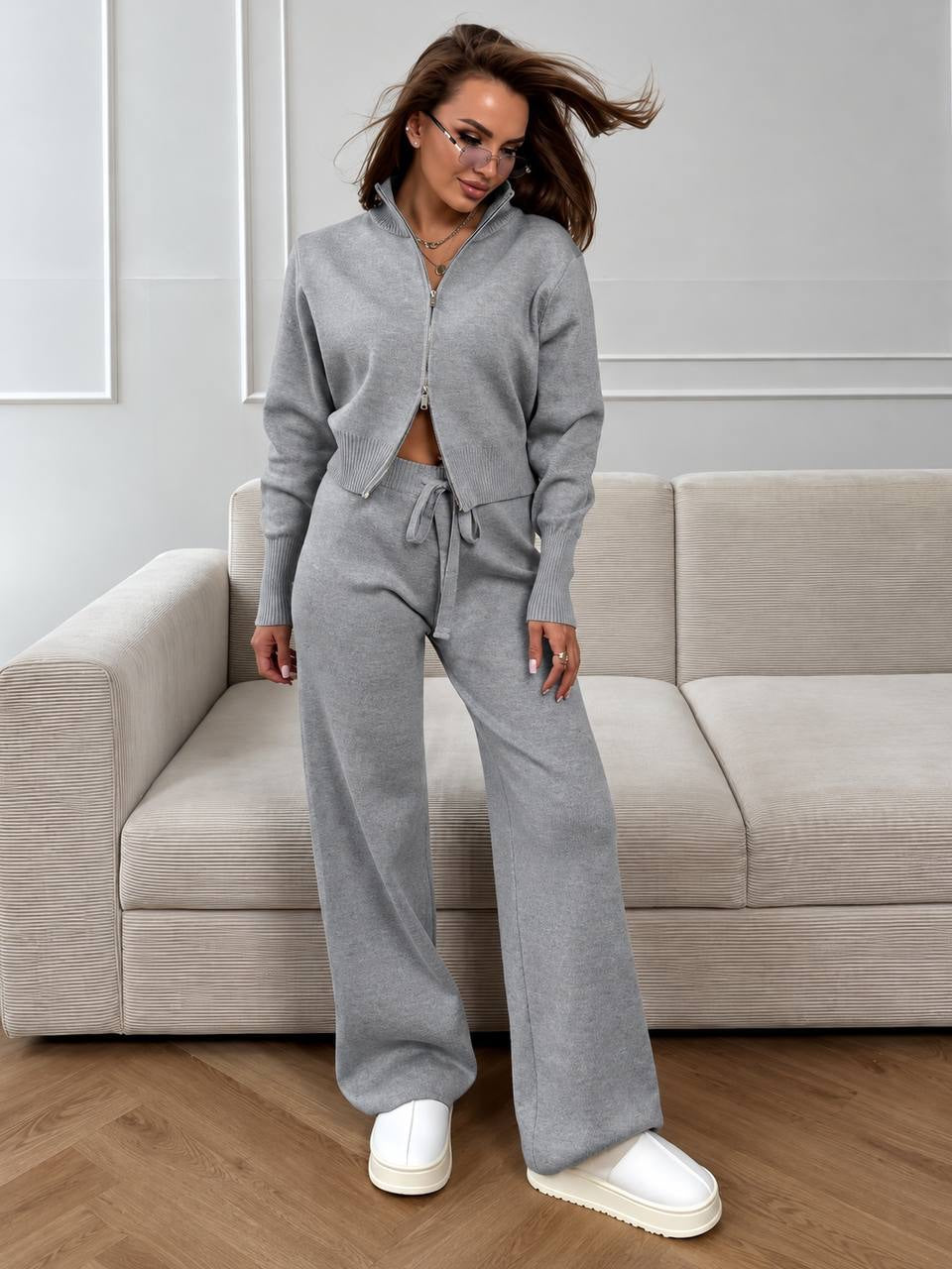 Zip-Through High Neck Cardigan And Wide-Leg Trouser Set – Grey